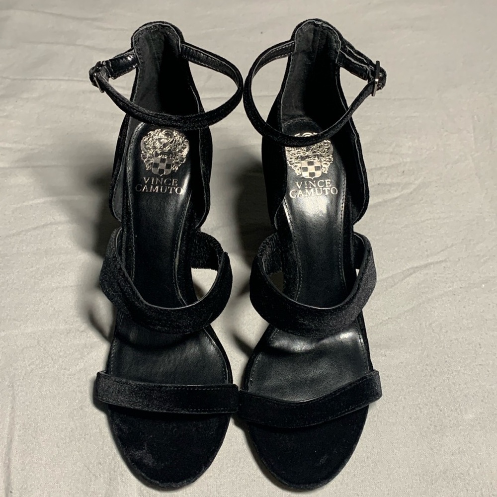 Vince Camuto black Velvet strappy open toe heels 4inch heel